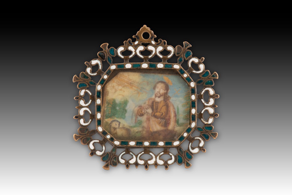 Pendentif de dévotion ou plaque de confrérie. Bronze, émail, etc. Espagne, XVIIe siècle.