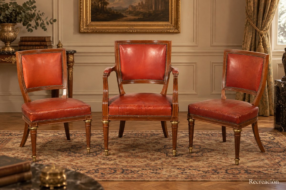 Pair Of Chairs And An Armchair. Mahogany, Fabric, Bronze, Metal. 20th Century. -photo-4