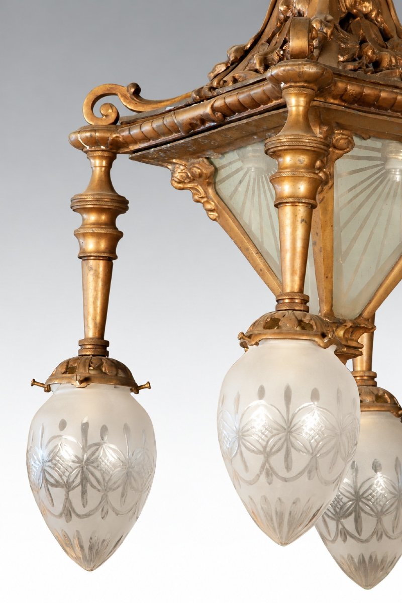 Ceiling Chandelier. Bronze, Glass. 20th Century, Based On 19th-century Designs. -photo-2