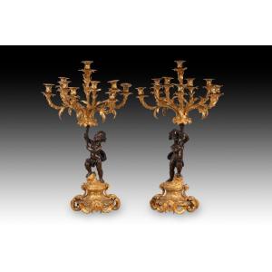 Pair Of Candlesticks. Gilt And Blued Bronze. France, 19th Century. 