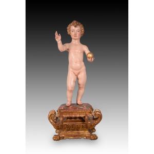 « l'Enfant Jésus ». Bois Sculpté Et Polychrome. école Espagnole, 17e Siècle.