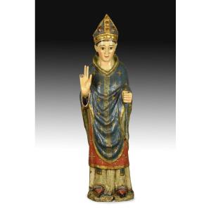 Sculpture « San Blas ». Bois sculpté, polychrome et doré. École castillane, XIVe siècle.  