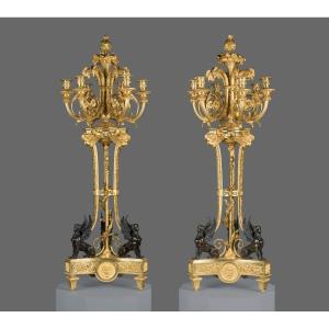 Pair Of  Candlesticks. Bronze (blued And Gilded). France, Circa 1800. 
