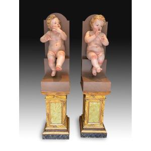 Pair Of Children. Polychrome Pine Wood. 18th Century.  