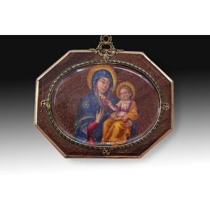 Devotional Pendant Or Reliquary. Oil Painting On Aventurine, Enamel, And Gold. Spain
