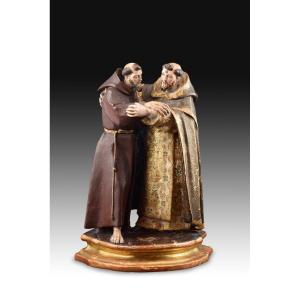 “meeting Between Saint Dominic And Saint Francis”. Polychrome Terracotta Sculpture. 