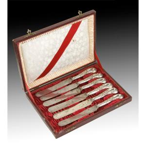 Six Knives With Sheath. Silver (.800), Metal, Textile, Etc. Probably European, Late 19th Century 