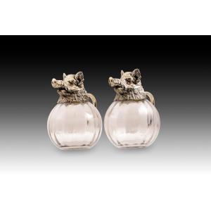  Pair Of Jugs, Wild Boars. Silver-plated Metal, Glass. Probably Spain, 20th Century.