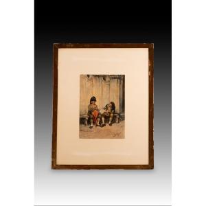 Two Men On A Bench. Watercolor. Jiménez Aranda, Luis. Rome, Italy, 1879. 