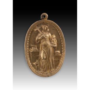 Plaque de dévotion, saint Antoine de Padoue. Bronze. École espagnole, XVIIe siècle.