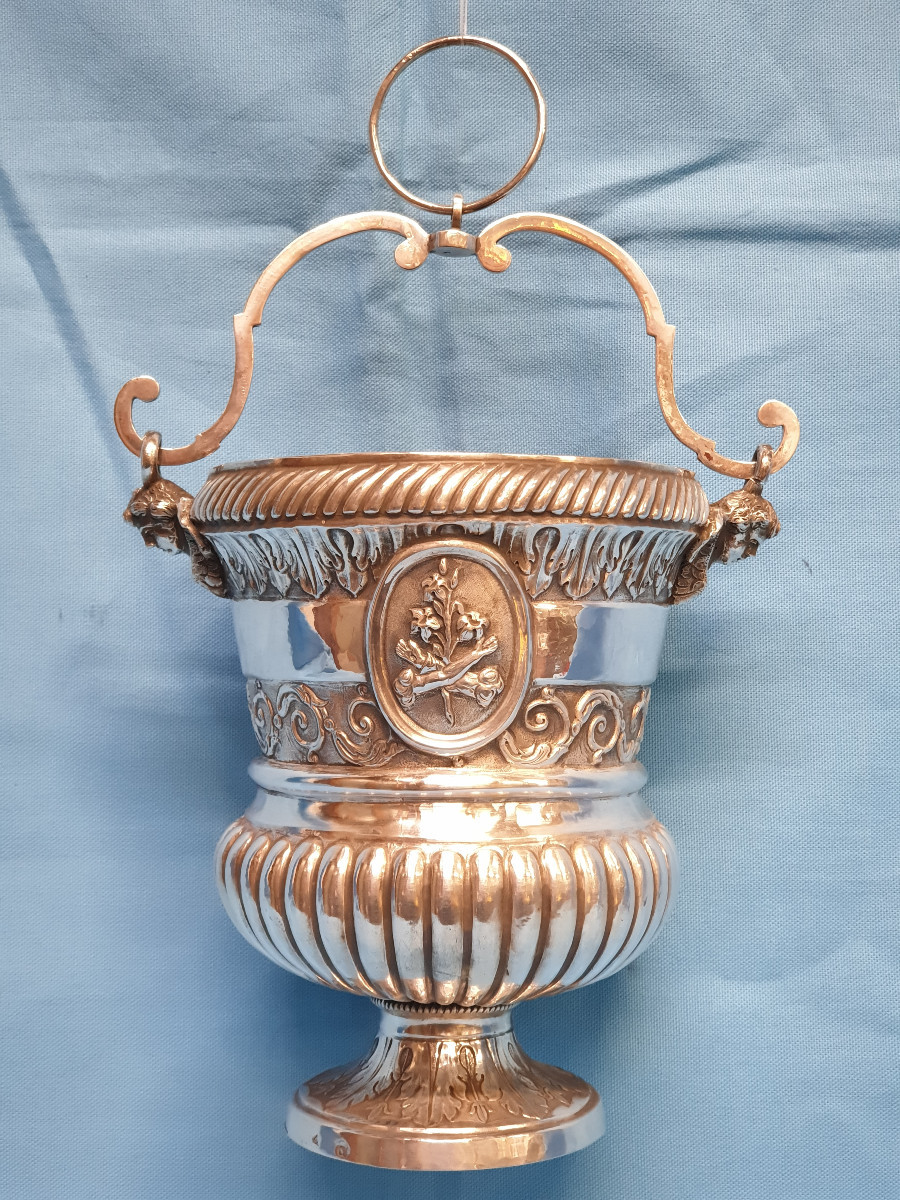 A Silver Holy Water Bucket, With Franciscan Symbol. Naples, 19th Century