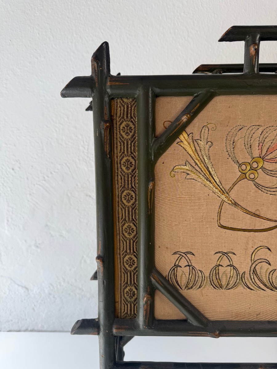 Chinoiserie-style Magazine Rack In Wood And Silk - Early 20th Century-photo-3