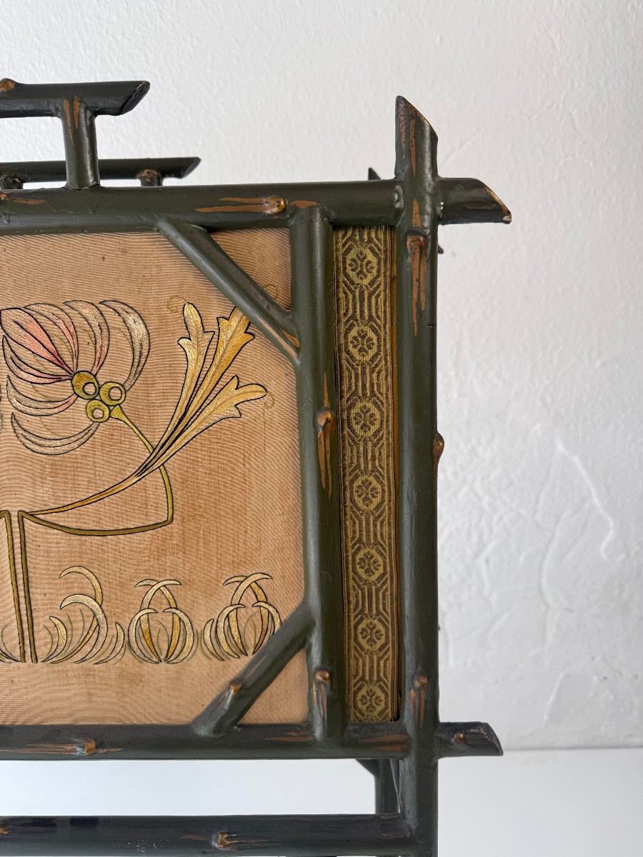 Chinoiserie-style Magazine Rack In Wood And Silk - Early 20th Century-photo-4