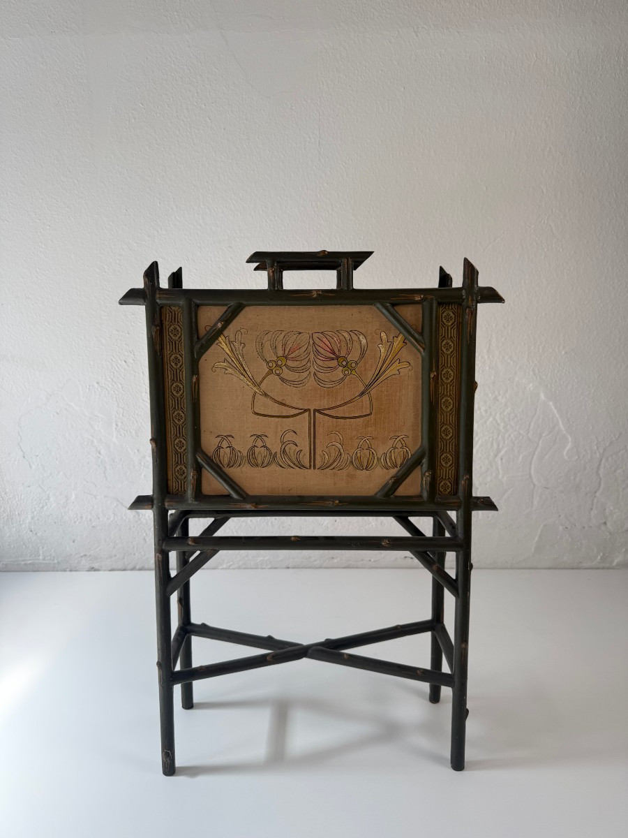 Chinoiserie-style Magazine Rack In Wood And Silk - Early 20th Century-photo-5