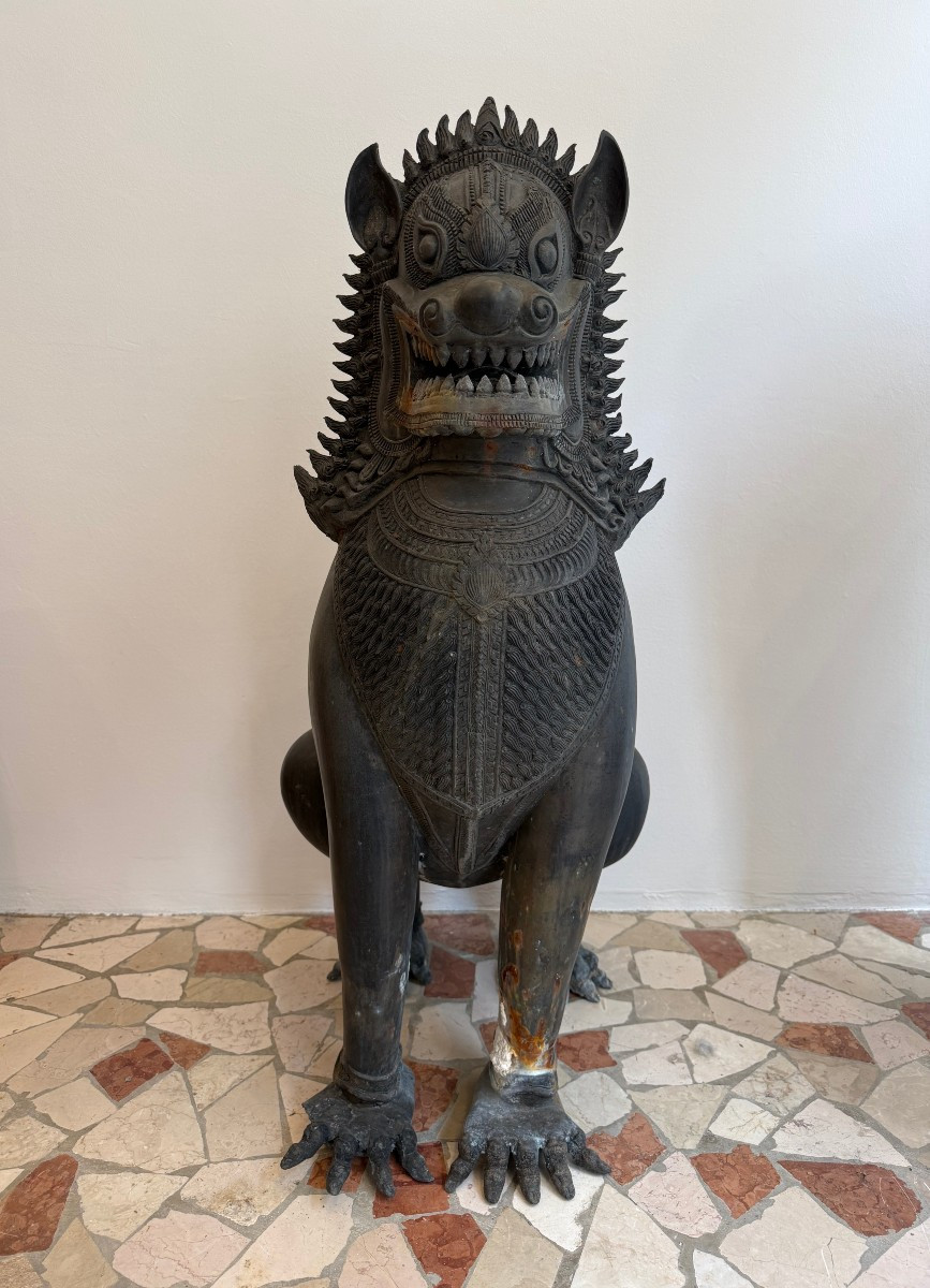Paire de lions gardiens en bronze - XIXe siècle, Thaïlande-photo-2