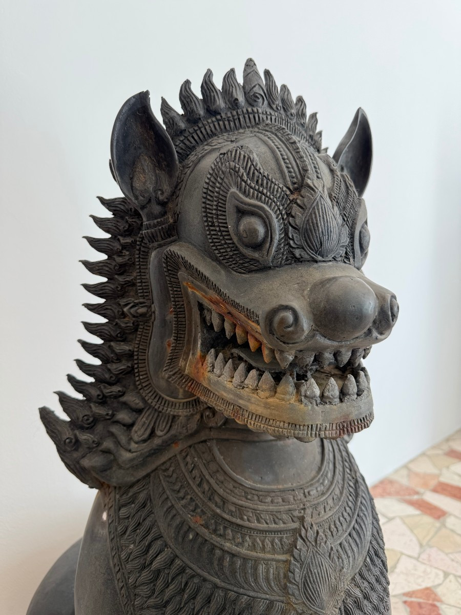 Paire de lions gardiens en bronze - XIXe siècle, Thaïlande-photo-1