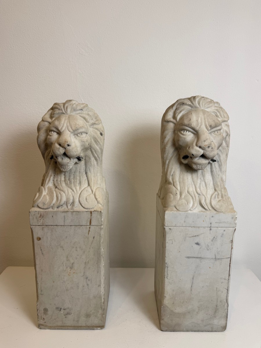 Paire de lions florentins en marbre blanc de Carrare - fin du XIXe siècle-photo-2