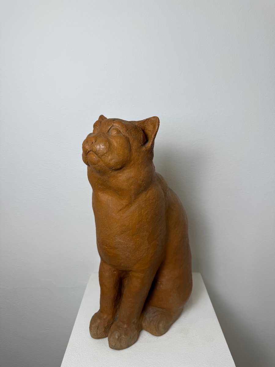 Terracotta Sculpture Of A Seated Cat—19th Century. Montelupo Fiorentino, Tuscany -photo-2