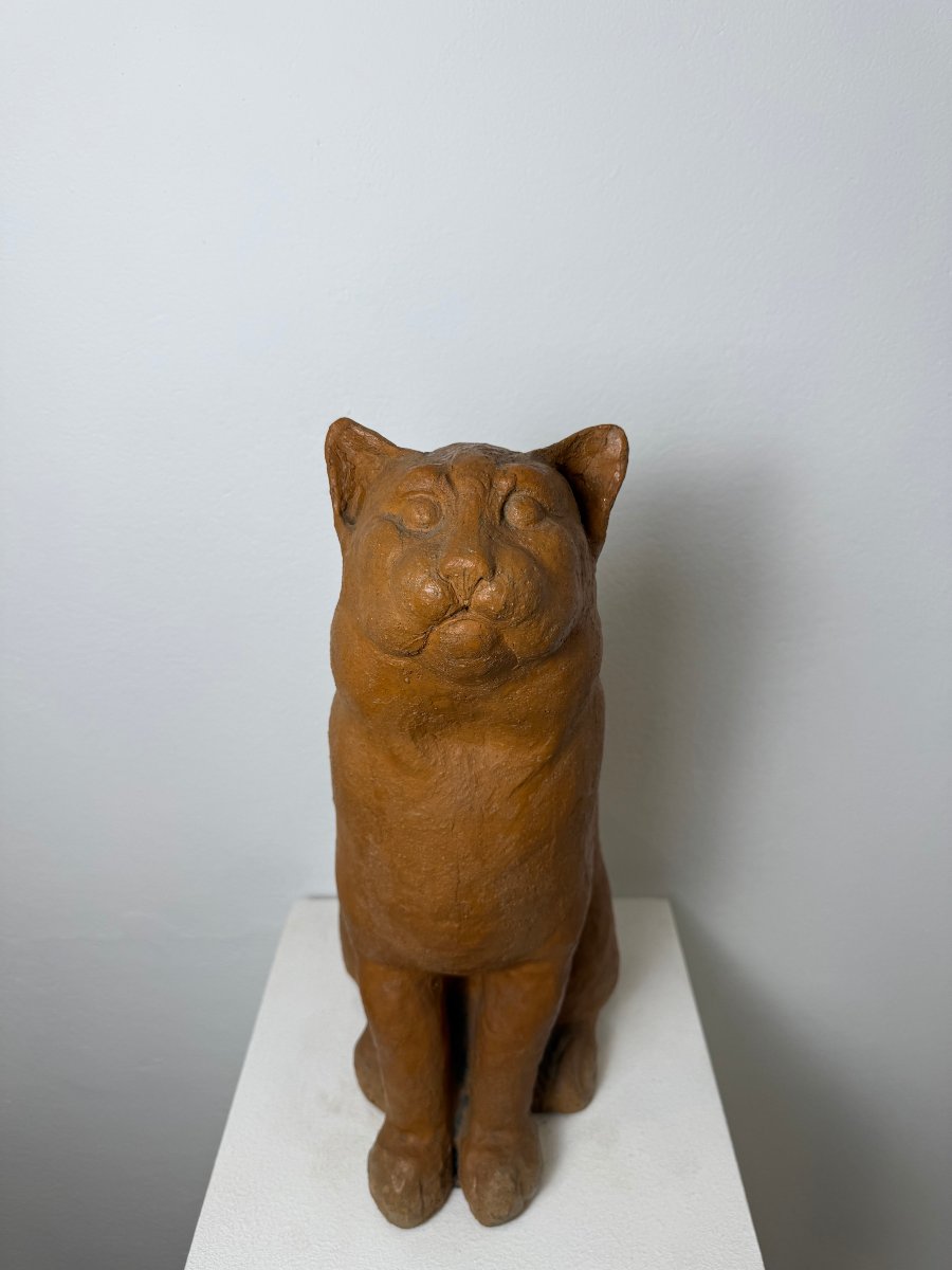 Terracotta Sculpture Of A Seated Cat—19th Century. Montelupo Fiorentino, Tuscany -photo-3
