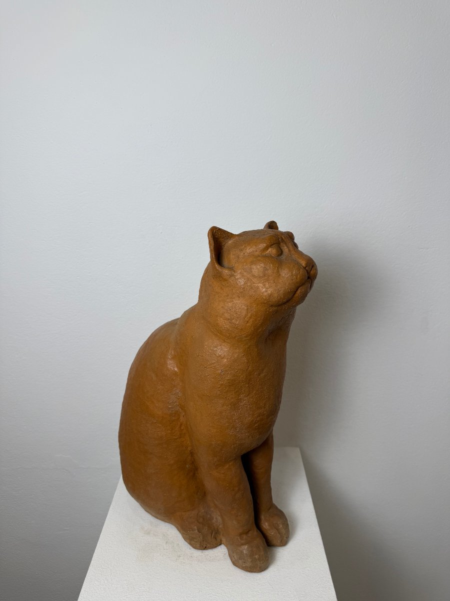 Terracotta Sculpture Of A Seated Cat—19th Century. Montelupo Fiorentino, Tuscany -photo-4