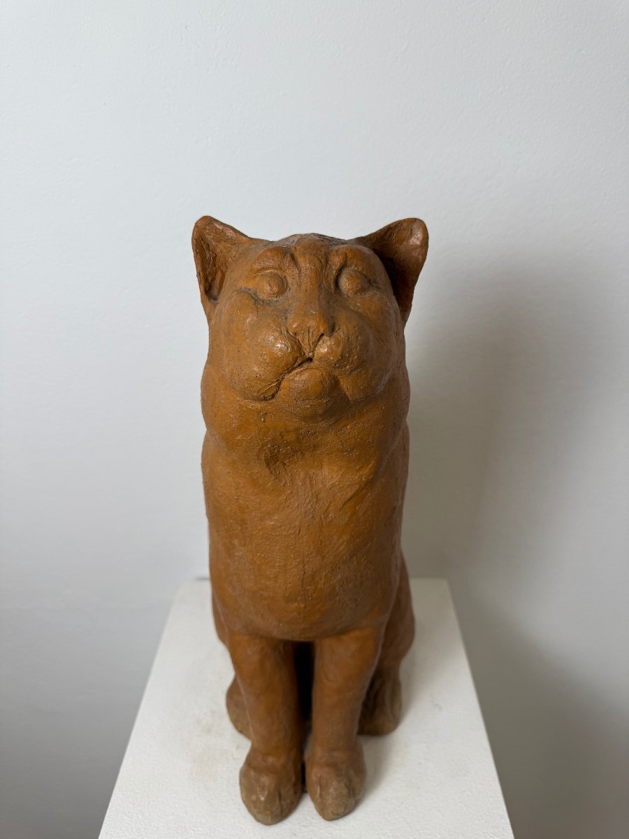 Terracotta Sculpture Of A Seated Cat—19th Century. Montelupo Fiorentino, Tuscany -photo-1
