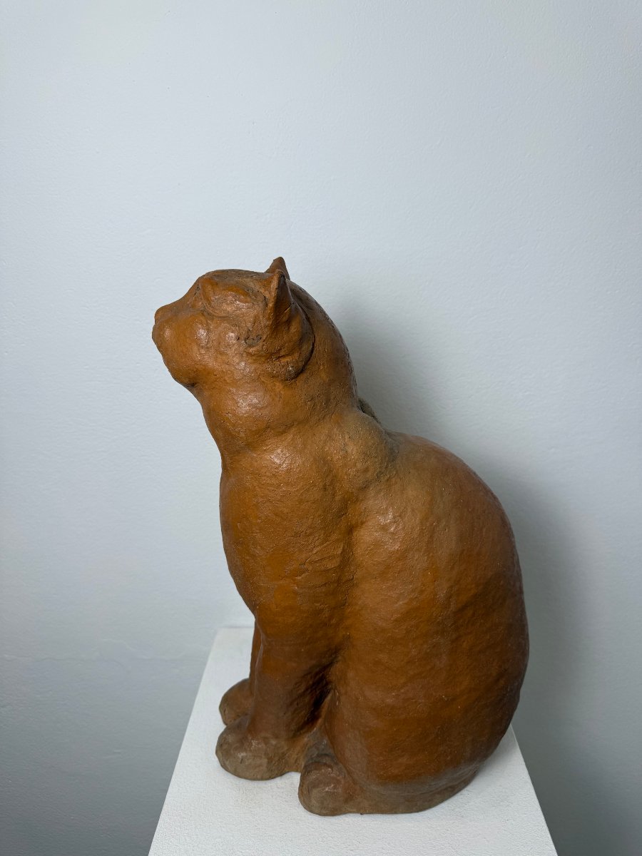 Terracotta Sculpture Of A Seated Cat—19th Century. Montelupo Fiorentino, Tuscany 