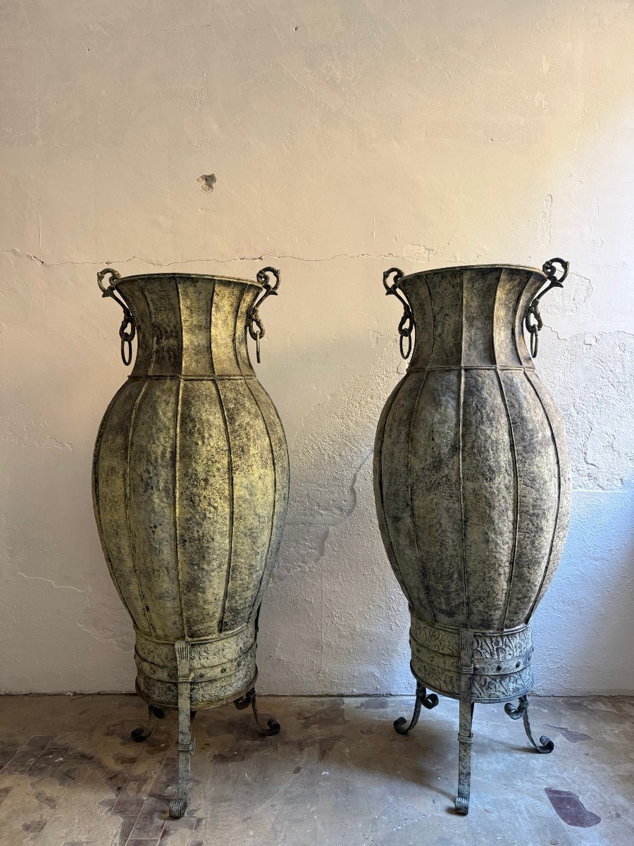 Pair Of Decorative Copper Amphorae - 20th Century-photo-2