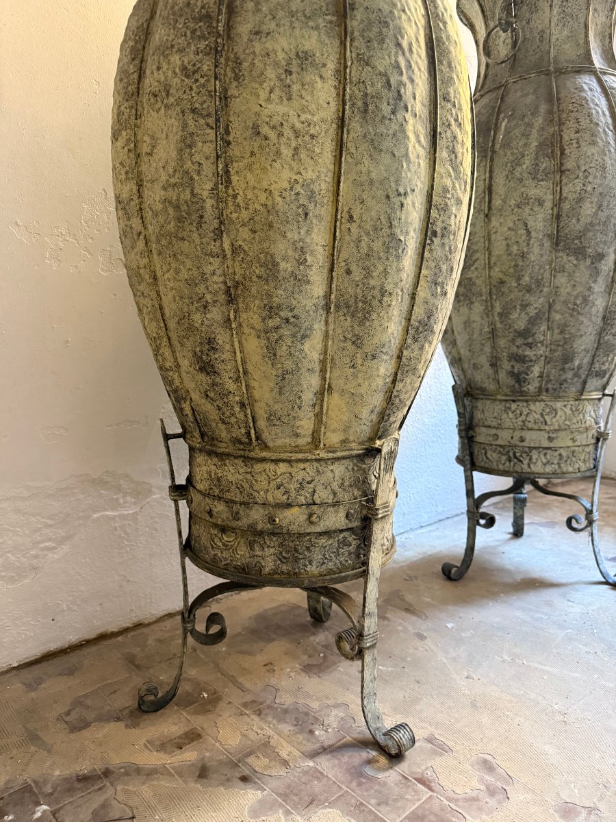 Pair Of Decorative Copper Amphorae - 20th Century-photo-8