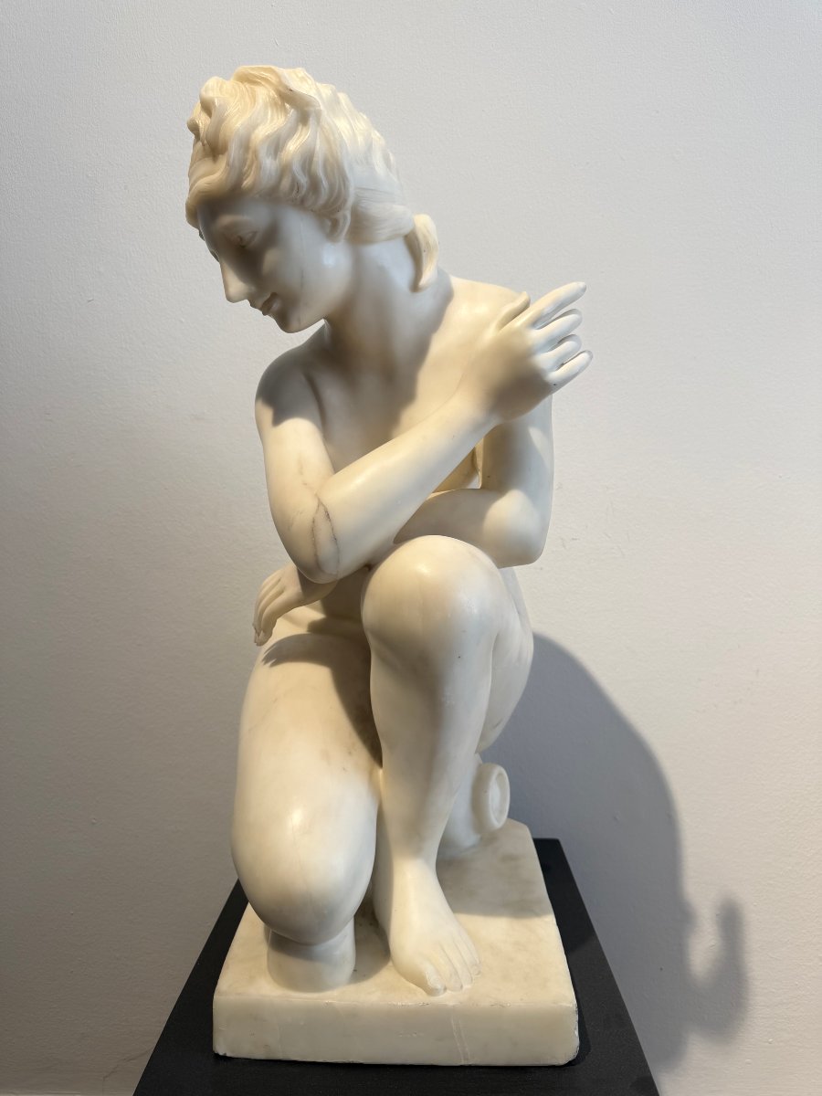 Sculpture Depicting A Crouching Venus, Carved From Carrara Marble—20th Century. Italy -photo-2