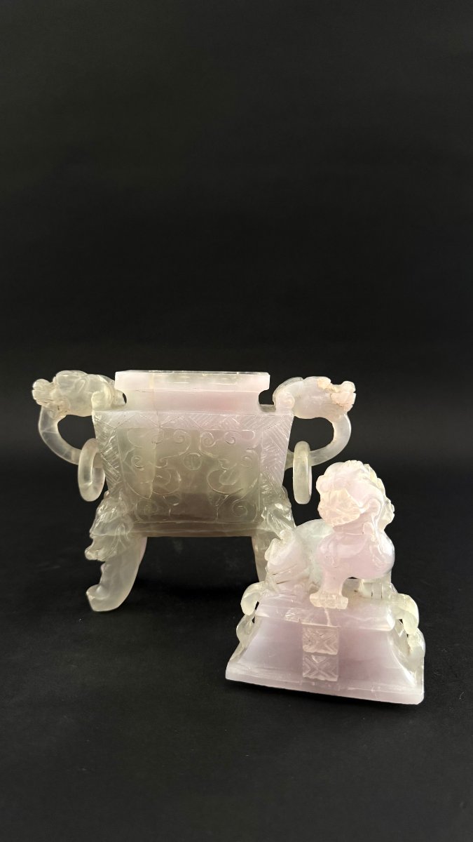 Encensier en quartz rose chinois avec couvercle - début du XXe siècle. Chine-photo-2
