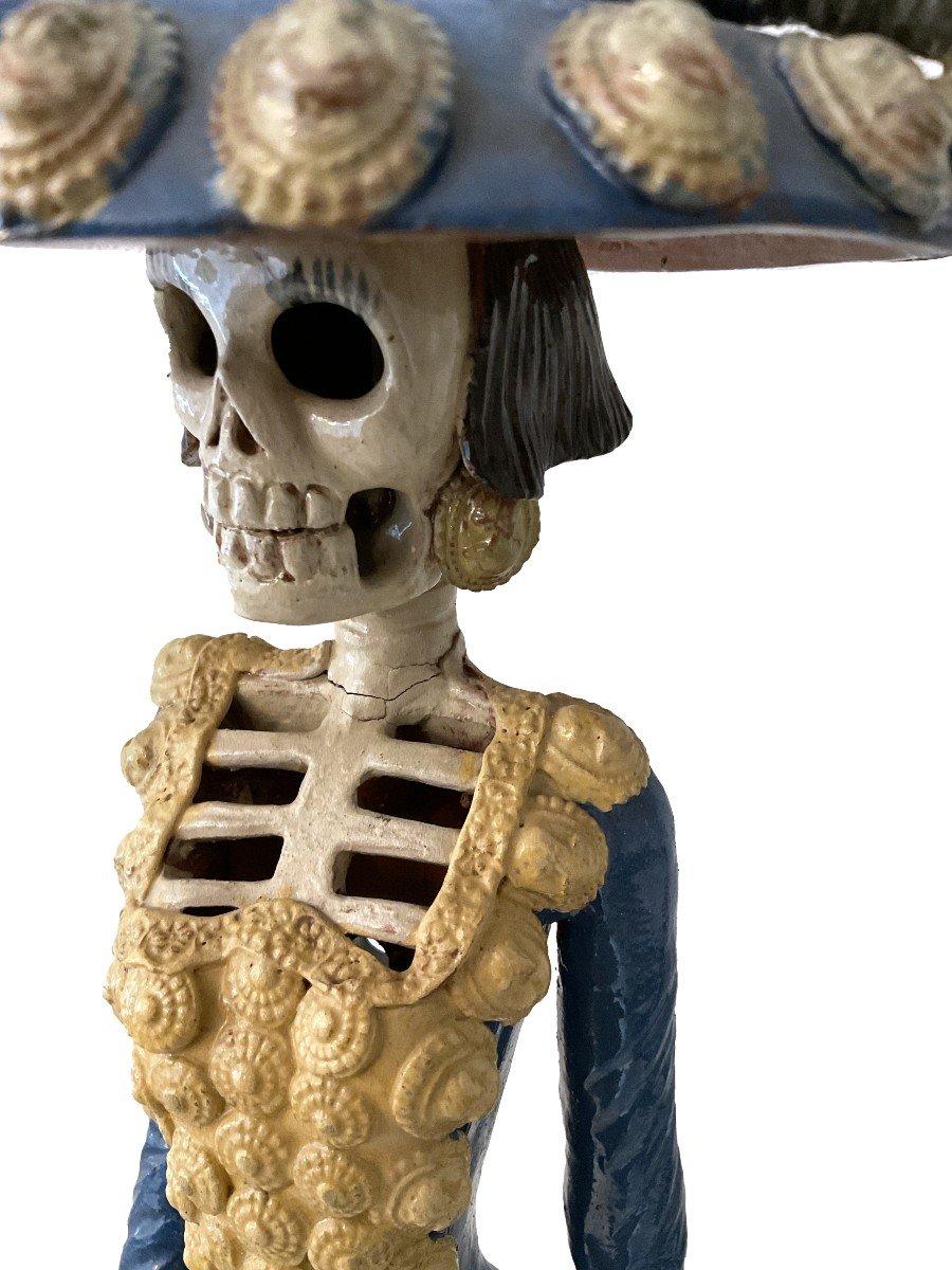 20th Century Mexican Artist, Catrina, Terracotta Sculpture Painted In Polychrome-photo-2