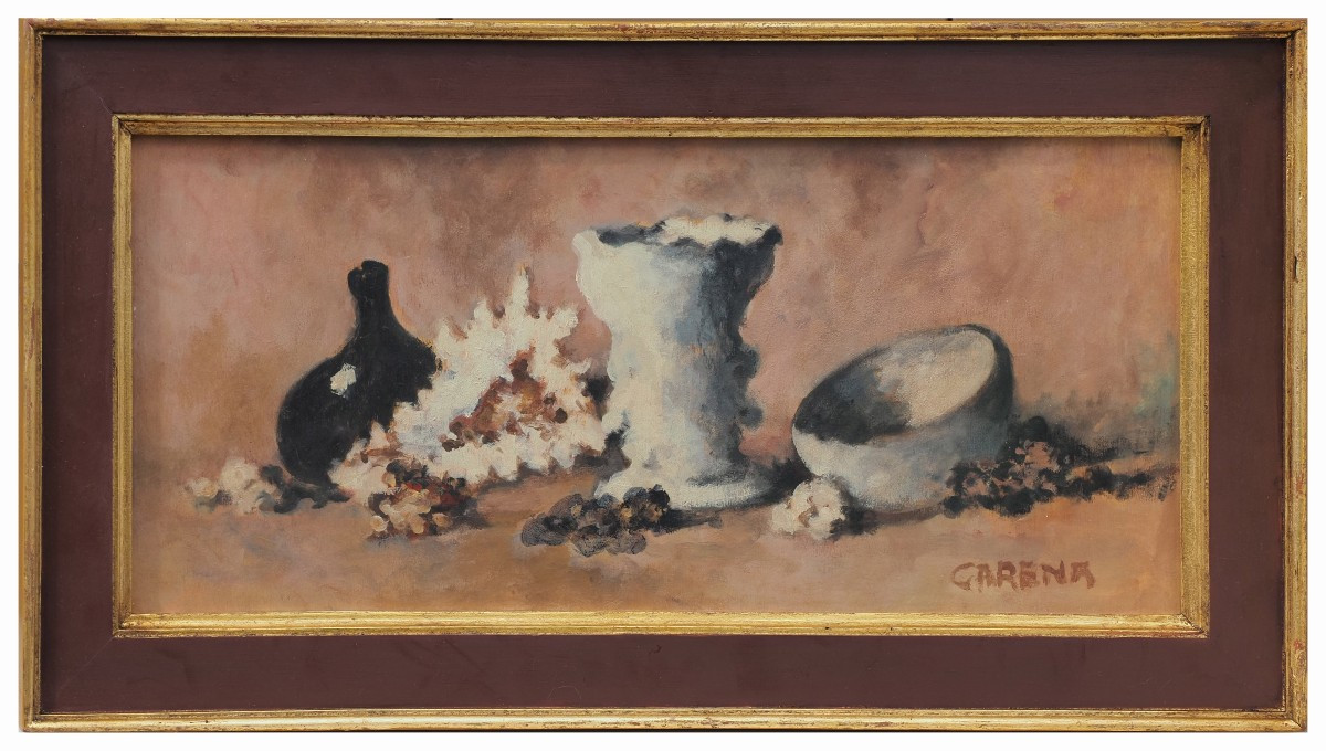 Felice Carena, Peinture représentant une nature morte, 1959. Huile sur panneau, 25 x 55 cm