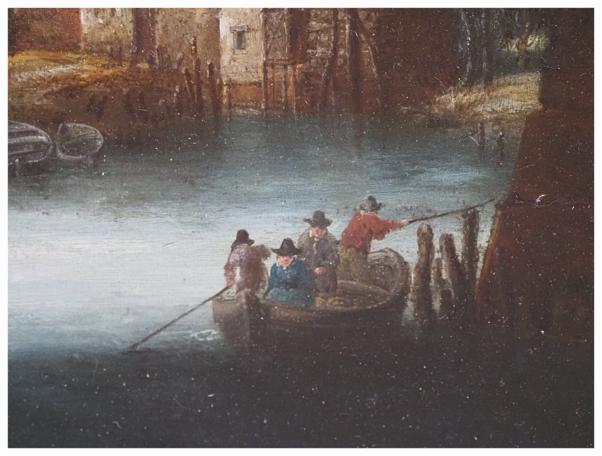 Circle Of Peeter Bonaventura, River Landscape With Village And Boat. Oil On Panel, 22.5 X 30 Cm-photo-2