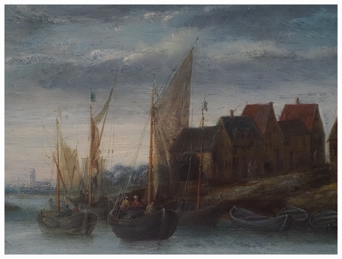 Circle Of Peeter Bonaventura, River Landscape With Village And Boat. Oil On Panel, 22.5 X 30 Cm-photo-3