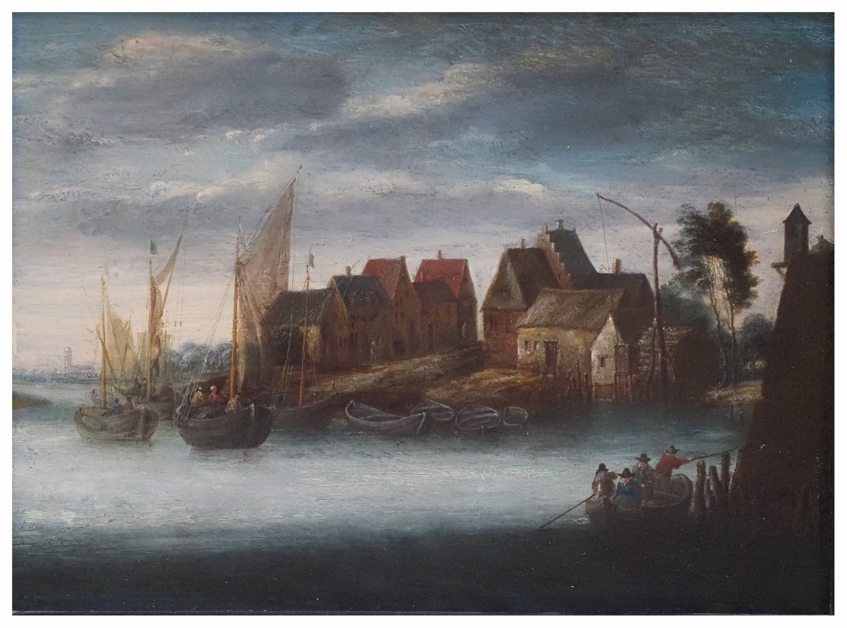 Circle Of Peeter Bonaventura, River Landscape With Village And Boat. Oil On Panel, 22.5 X 30 Cm-photo-4