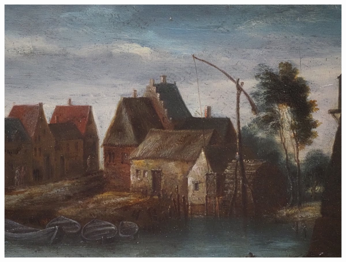 Circle Of Peeter Bonaventura, River Landscape With Village And Boat. Oil On Panel, 22.5 X 30 Cm-photo-1