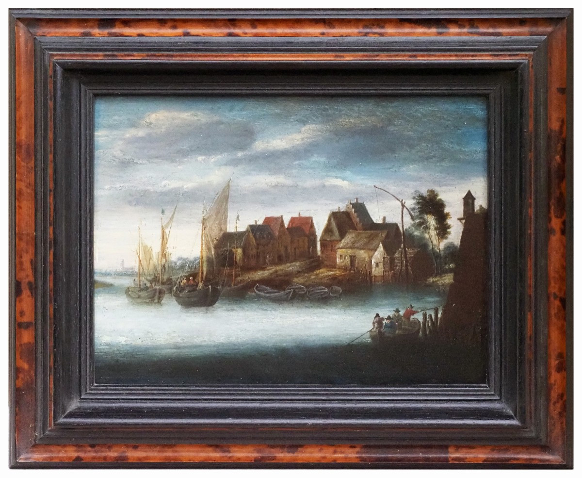 Circle Of Peeter Bonaventura, River Landscape With Village And Boat. Oil On Panel, 22.5 X 30 Cm