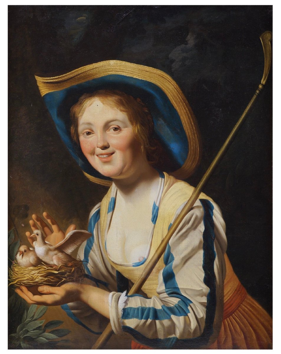 Gerrit Van Honthorst (follower Of), Shepherd's Girl With A Bird's Nest, Oil On Canvas, 86x66 Cm-photo-3