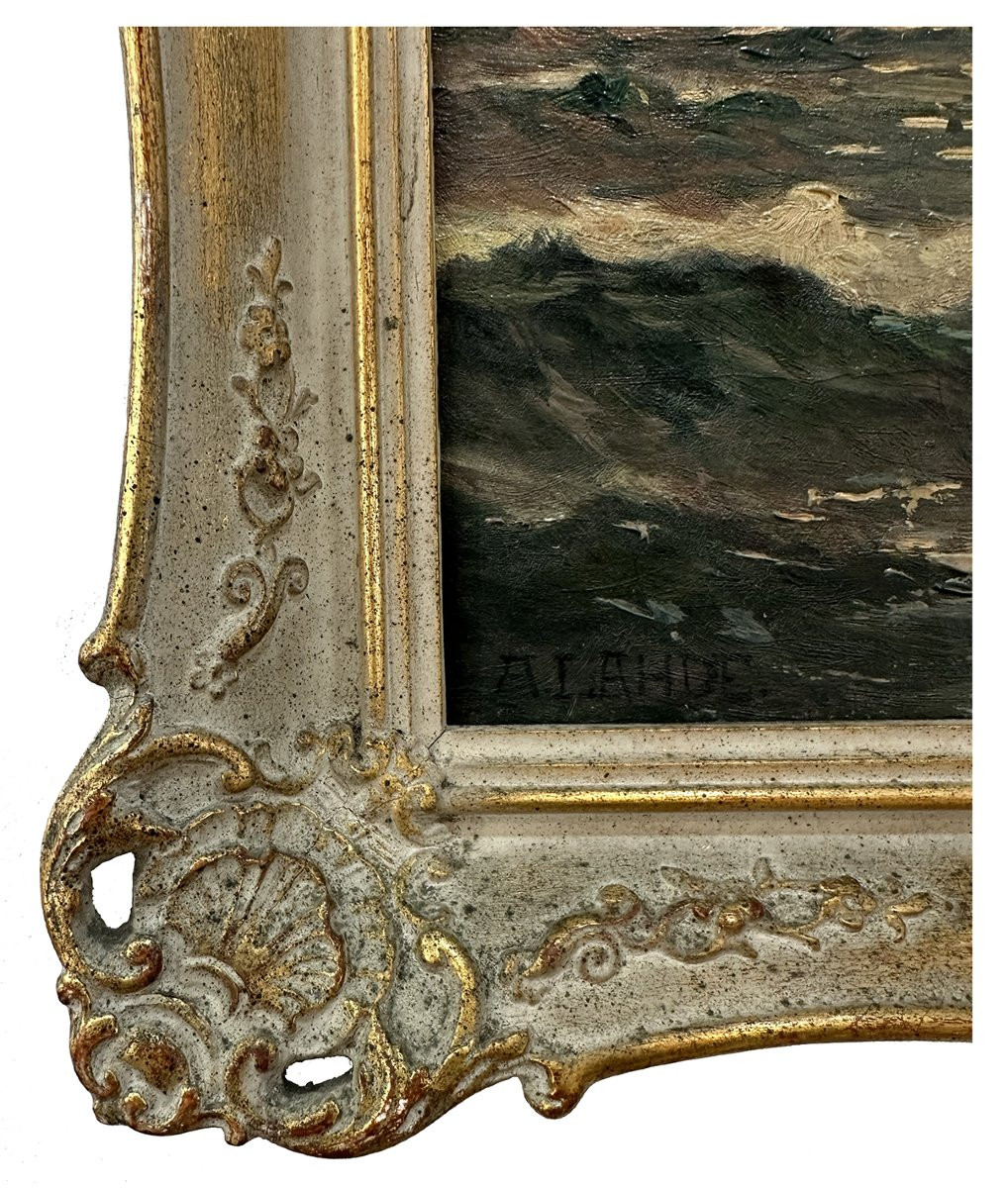 Albert Lahde  (1869 – 1940), Marine avec voiliers en mer agitée, Huile sur toile-photo-2