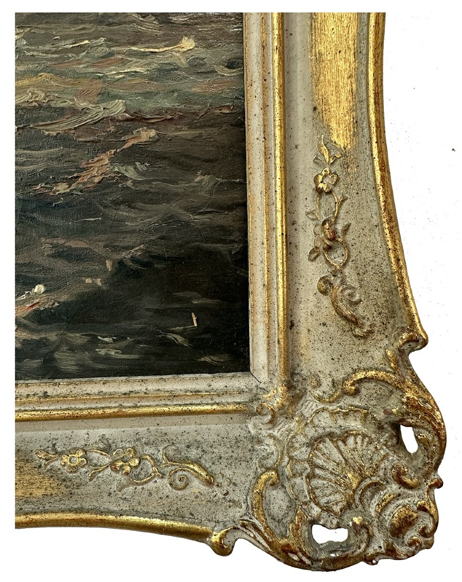 Albert Lahde  (1869 – 1940), Marine avec voiliers en mer agitée, Huile sur toile-photo-3