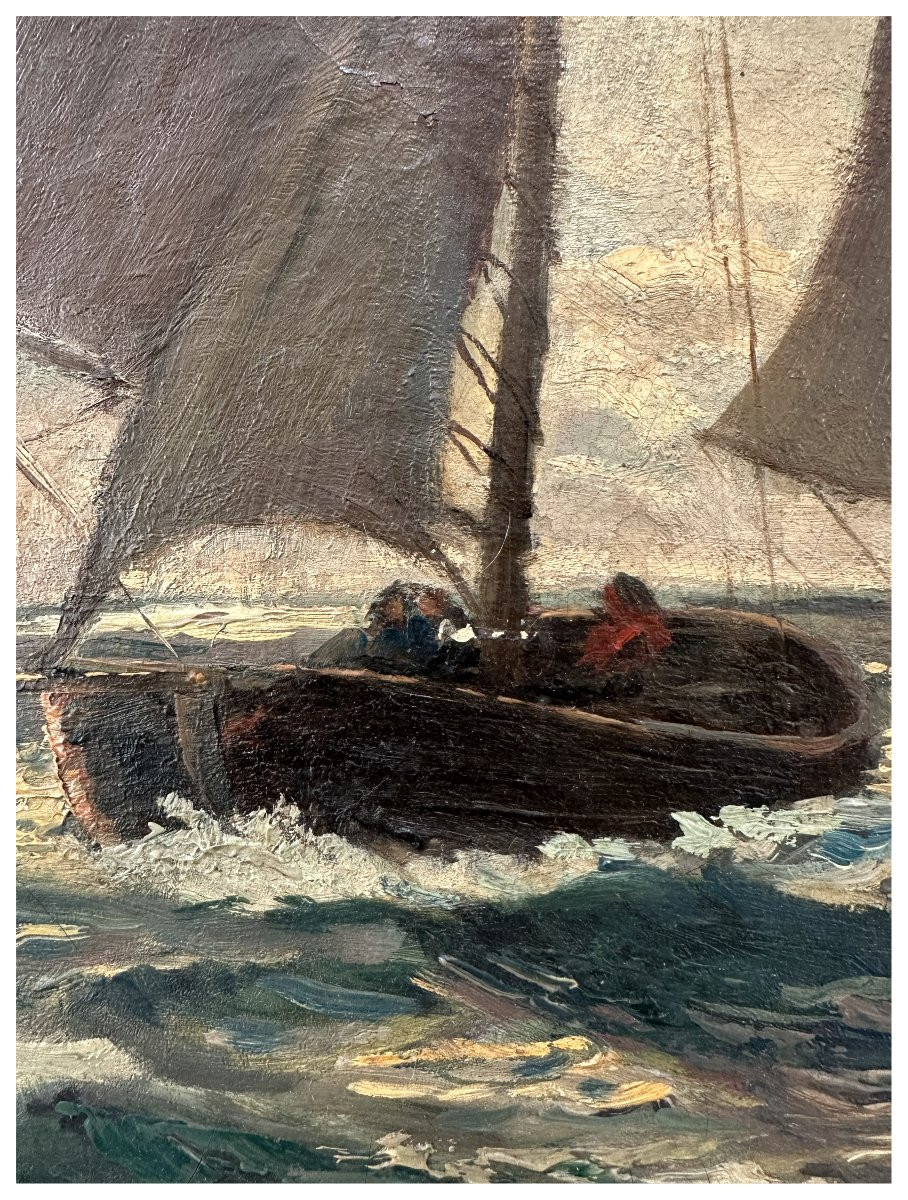 Albert Lahde  (1869 – 1940), Marine avec voiliers en mer agitée, Huile sur toile-photo-1