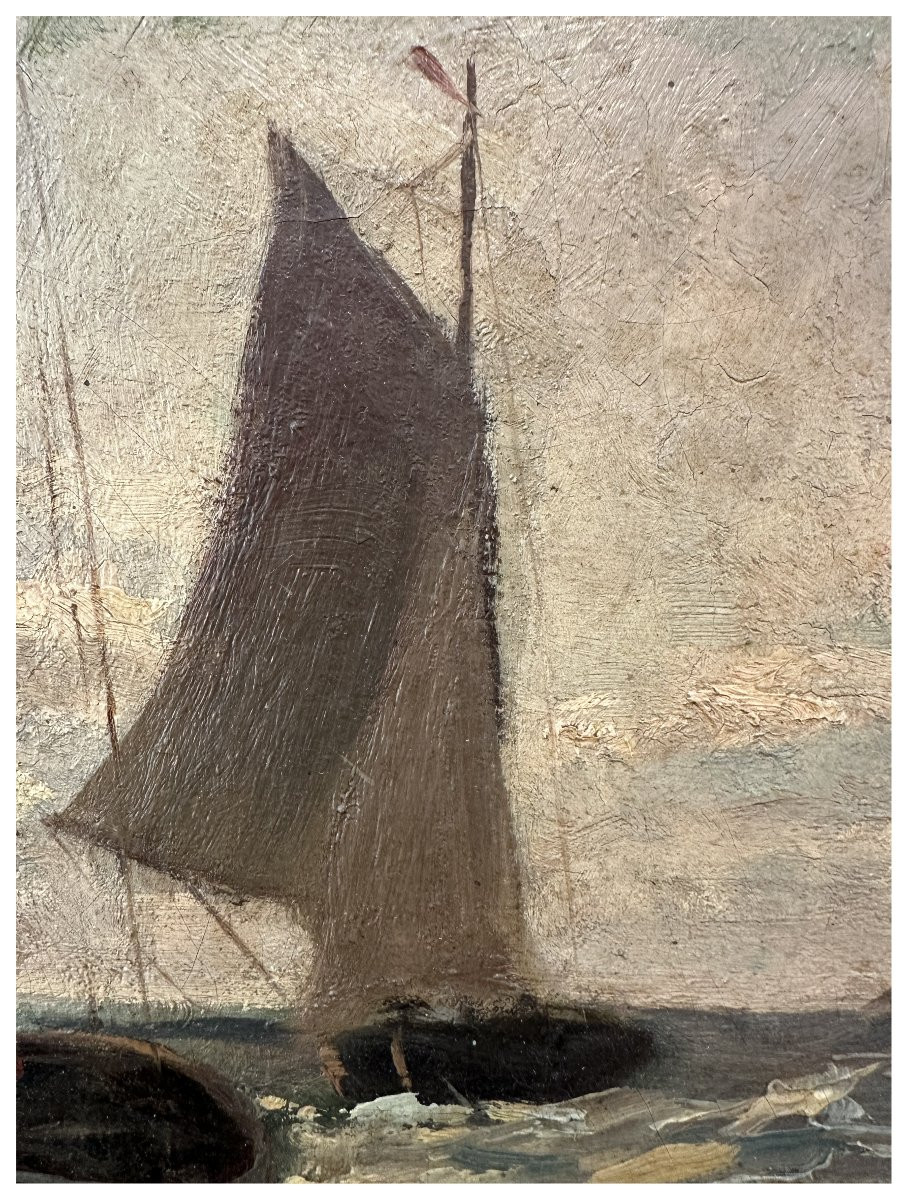 Albert Lahde  (1869 – 1940), Marine avec voiliers en mer agitée, Huile sur toile-photo-2