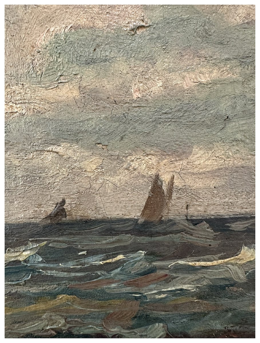 Albert Lahde  (1869 – 1940), Marine avec voiliers en mer agitée, Huile sur toile-photo-3
