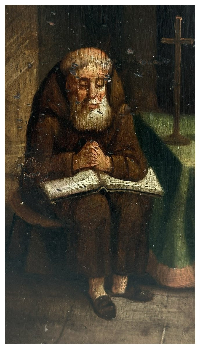 Maître flamand du XIXe siècle, Frère en méditation. Huile sur panneau-photo-2