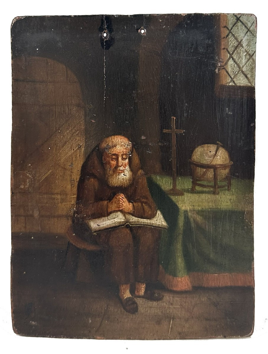 Maître flamand du XIXe siècle, Frère en méditation. Huile sur panneau