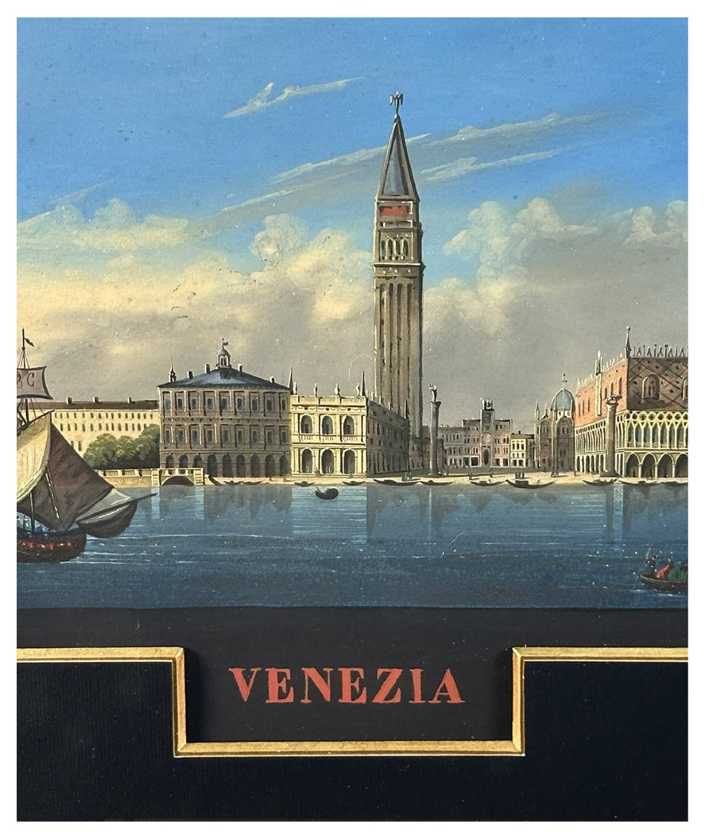 Giovanni Biasin, View Of St. Mark's Basin With Gondolas And Sailing Vessels. Gouache On Paper-photo-2