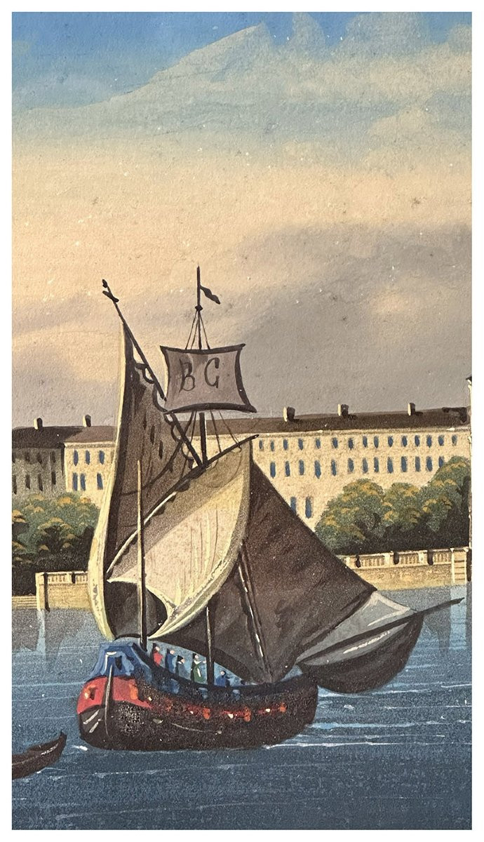 Giovanni Biasin, View Of St. Mark's Basin With Gondolas And Sailing Vessels. Gouache On Paper-photo-3