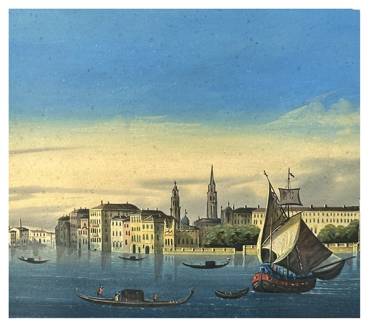 Giovanni Biasin, View Of St. Mark's Basin With Gondolas And Sailing Vessels. Gouache On Paper-photo-3