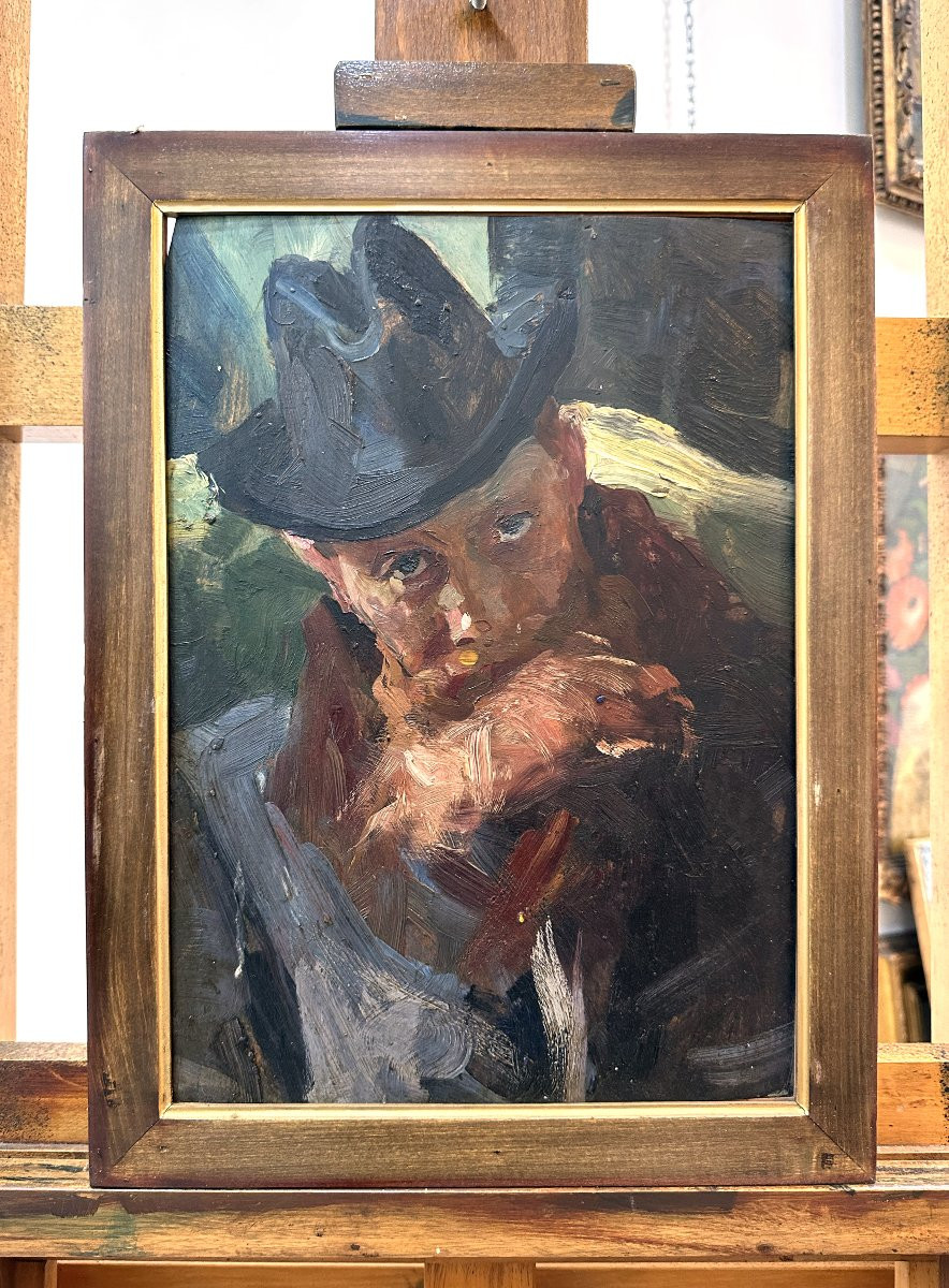 Lino Selvatico, Portrait Of A Bearded Man With Hat, Oil On Panel, Cm 34×24.5-photo-1