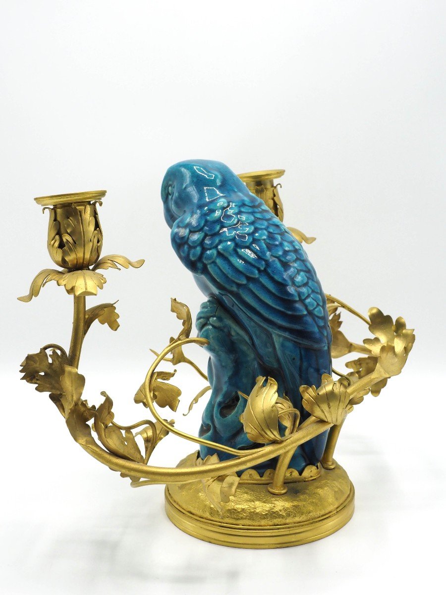 Bougeoir En Bronze Doré Et Porcelaine Bleue-photo-2
